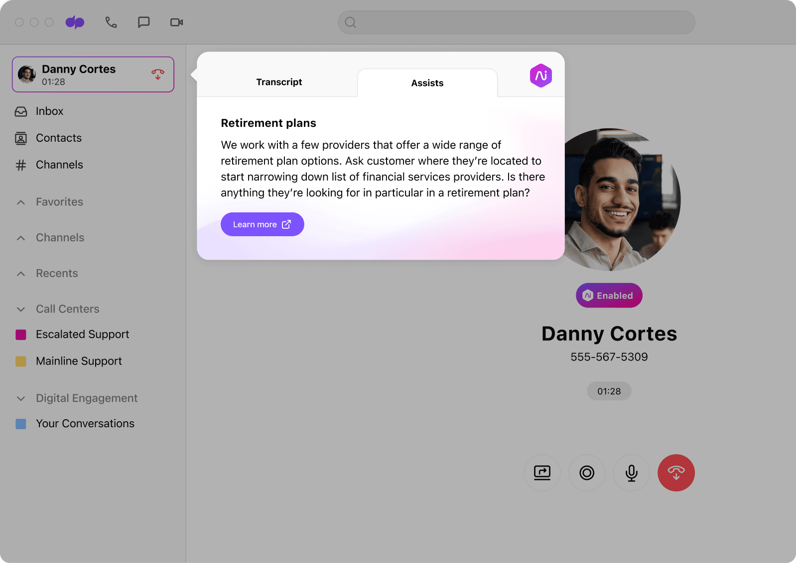 Screenshot of Dialpads AI powered real time assist card feature popping up helpful notes for an agent or rep when a tricky question comes up on a call