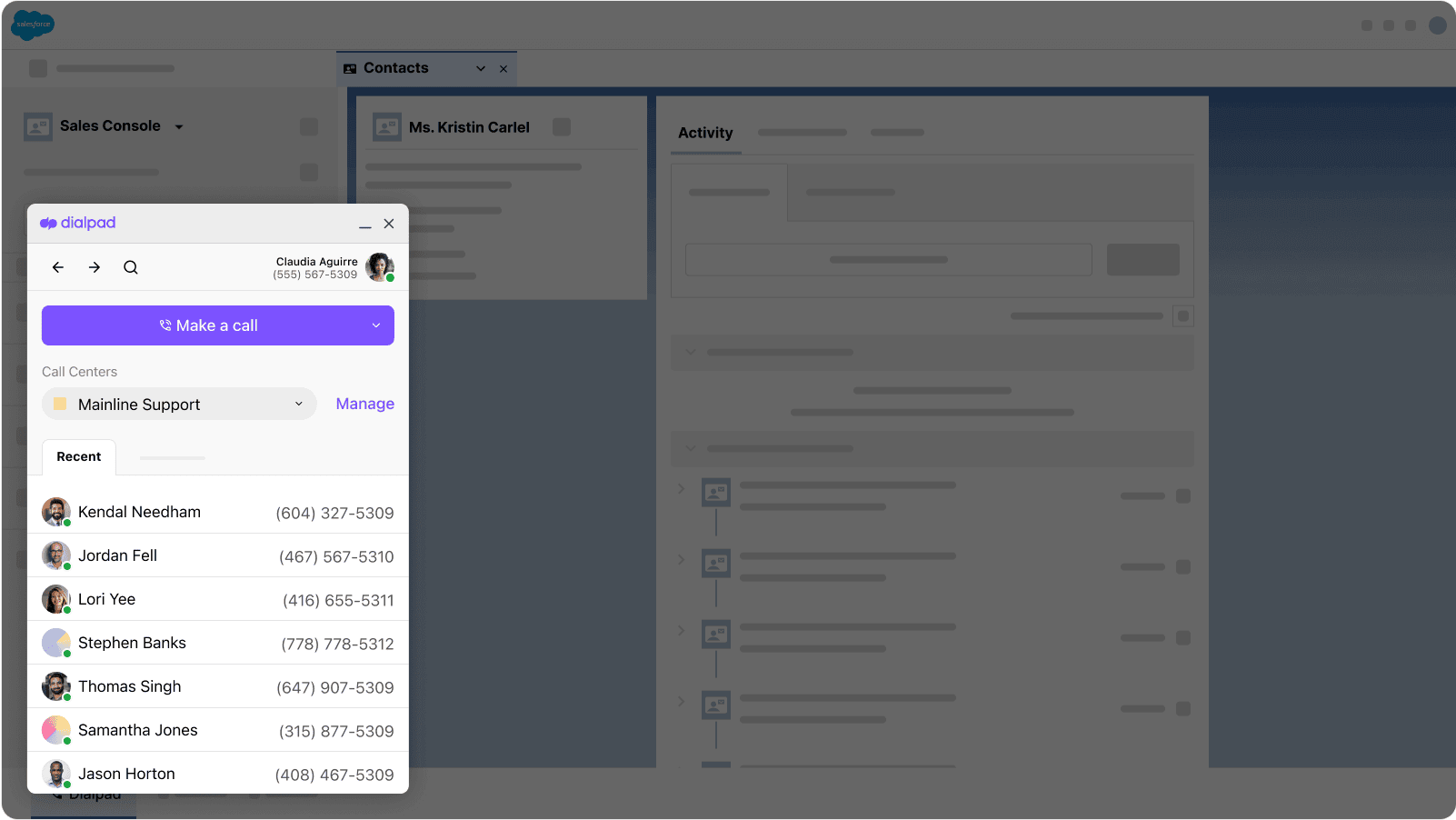 Screenshot of making a call in Salesforce using the Dialpad integration