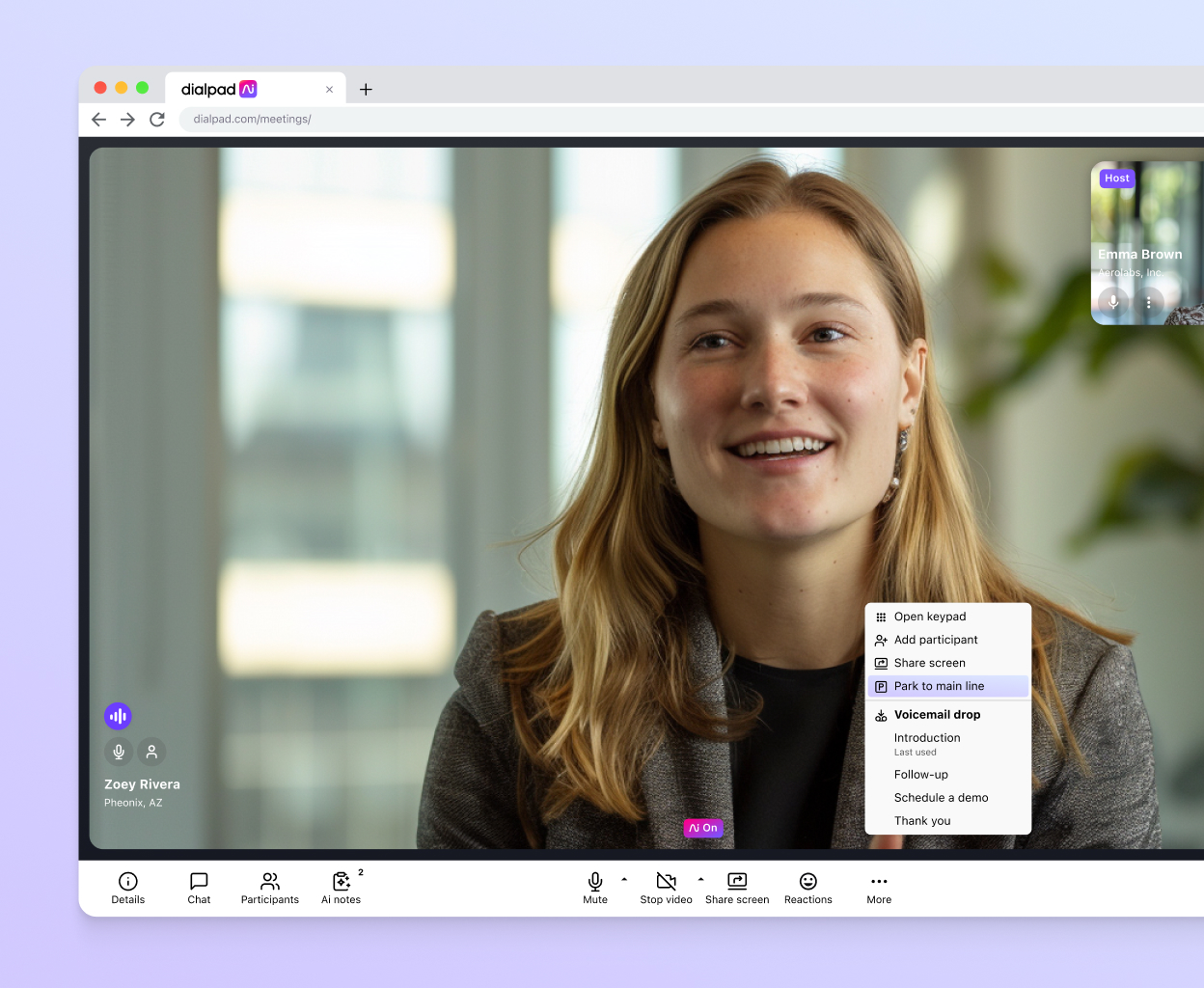 Screenshot of a video call happening in a web browser using Dialpad.
