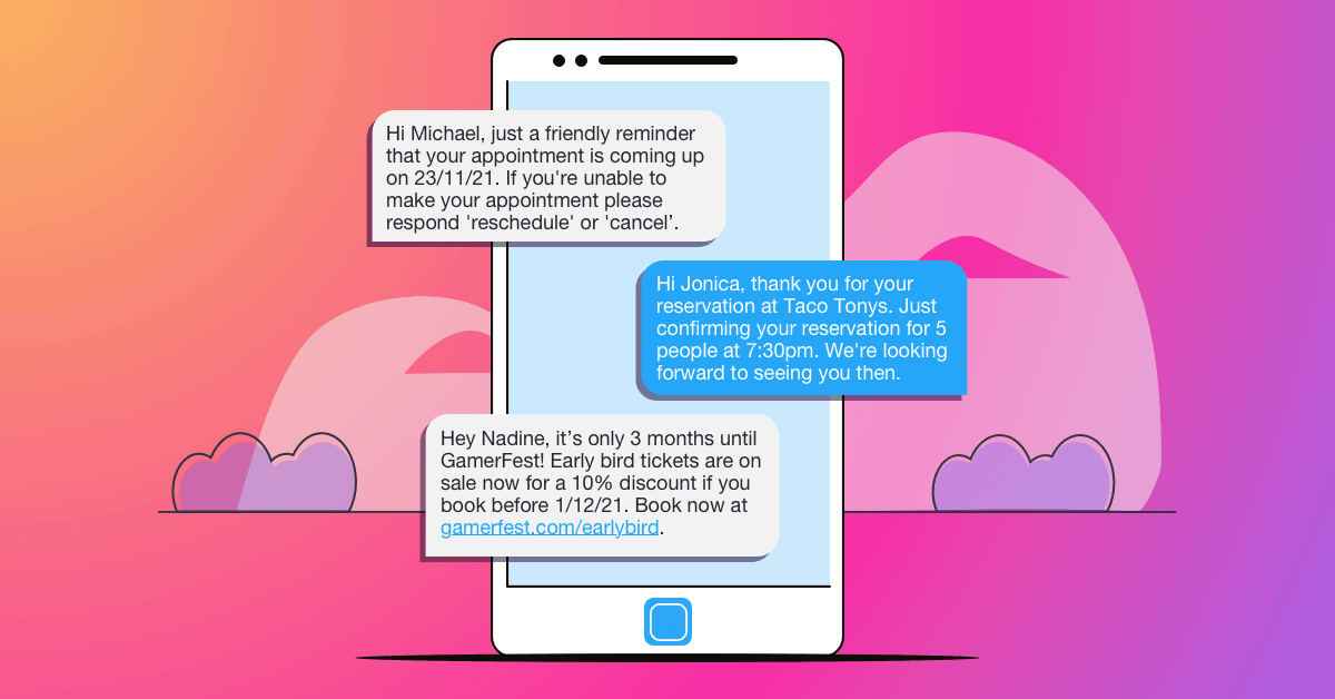 A digital illustration of a smartphone with 3 examples of triggered text messages that can be sent