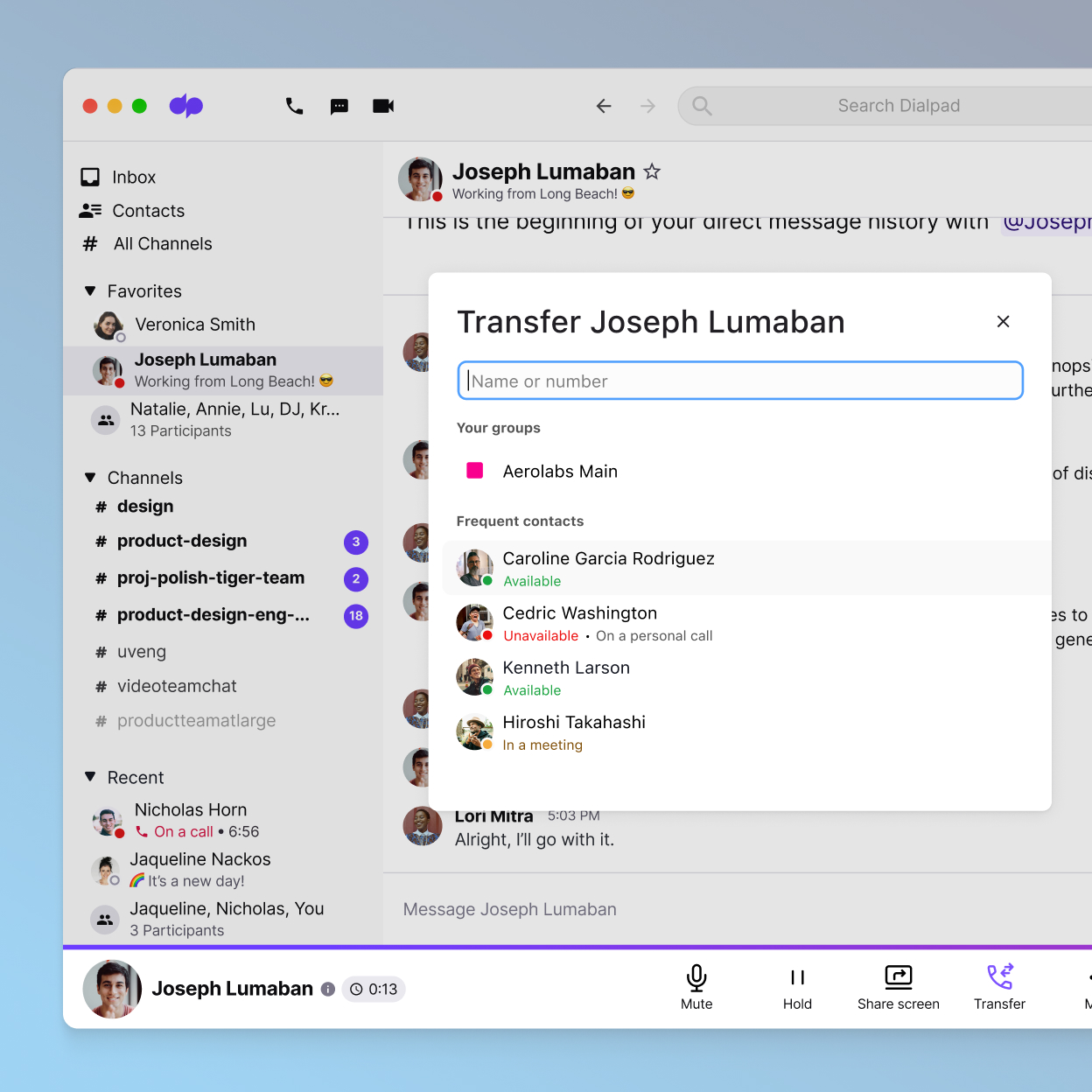 Screenshot showing the call transfer feature in Dialpad