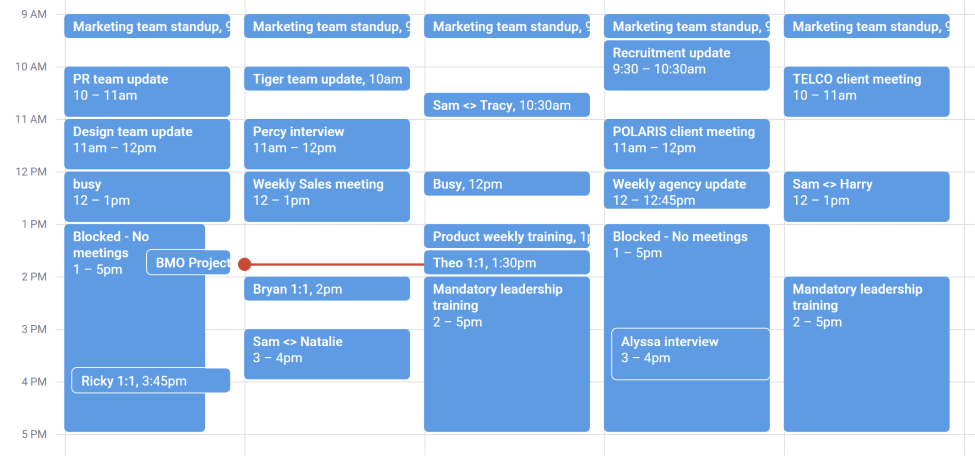 Screenshot of a busy week of meetings in Google Calendar