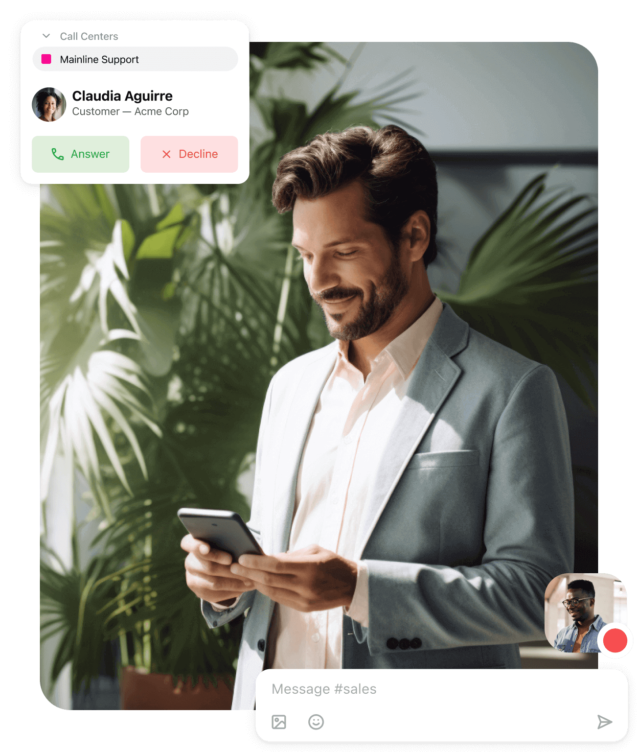 A bubble showing an incoming call and a person using a mobile device