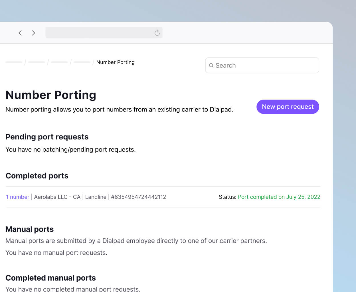 Screenshot of porting a phone number from Dialpad's online dashboard