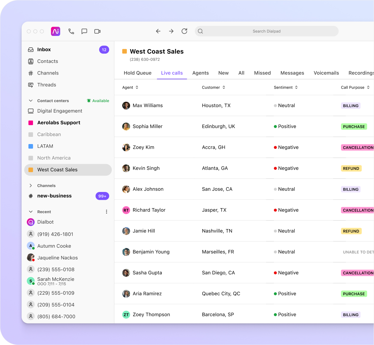 Screenshot of Dialpad Ai analyzing the sentiment of multiple calls in real time