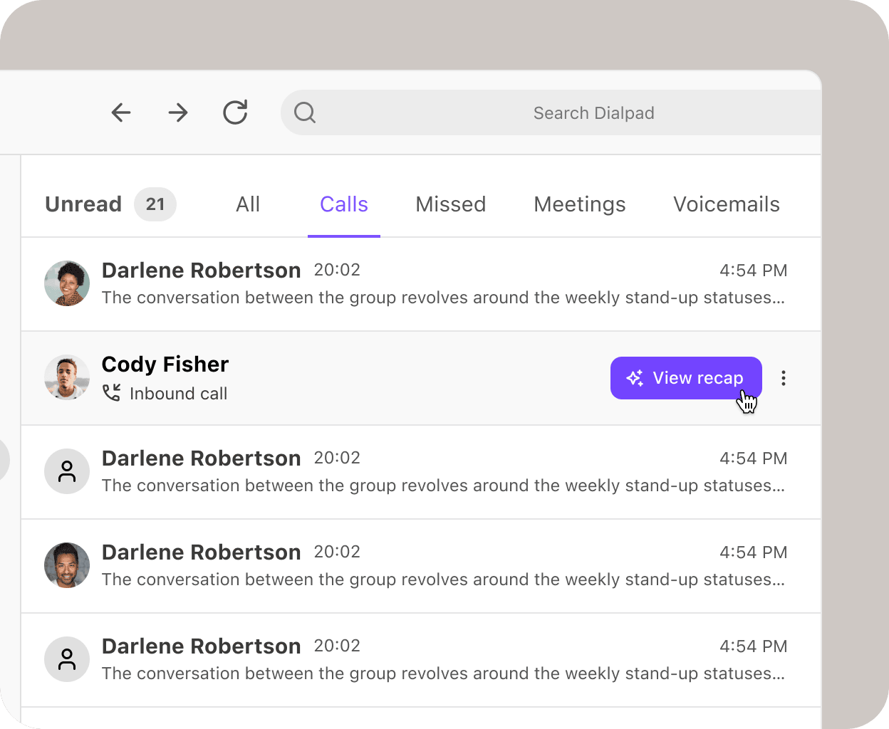 Screenshot showing calls received in Dialpad