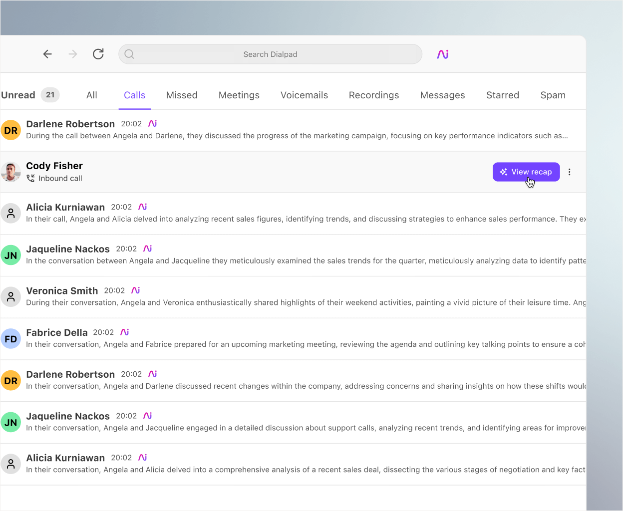 Screenshot showing calls received in Dialpad