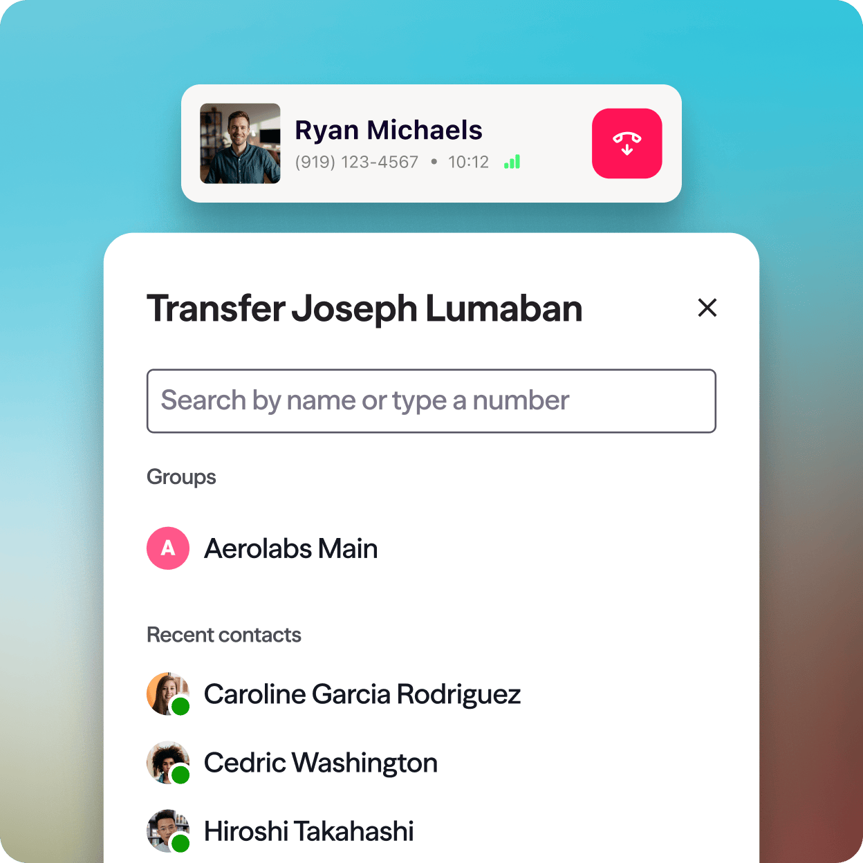 Screenshot showing the call transfer feature in Dialpad
