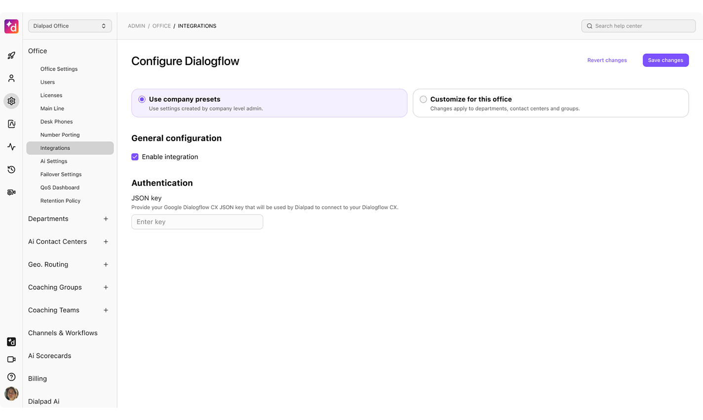 Google Conversational Agent (Dialogflow) configuration screen