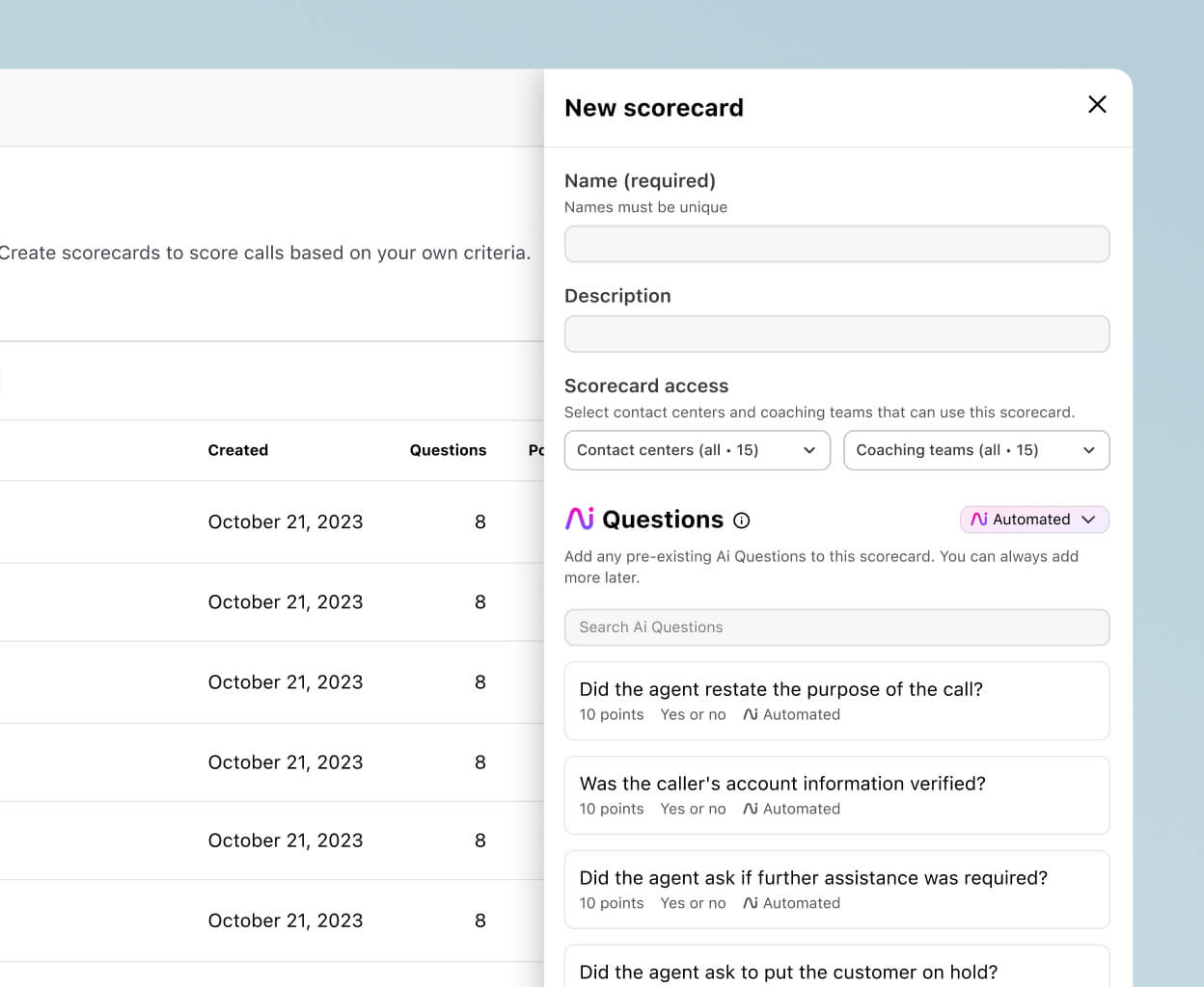 Screenshot of creating a Dialpad AI Scorecard in Dialpad’s online dashboard