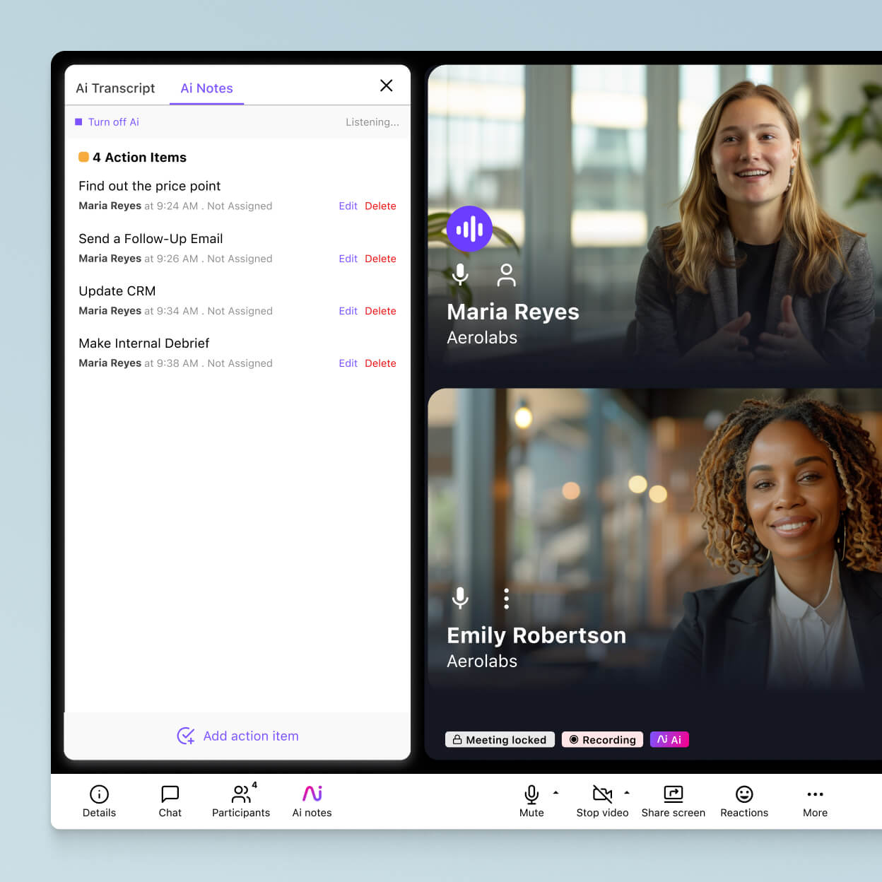 Screenshot of Dialpad AI Recaps creating action items in real-time during a video call