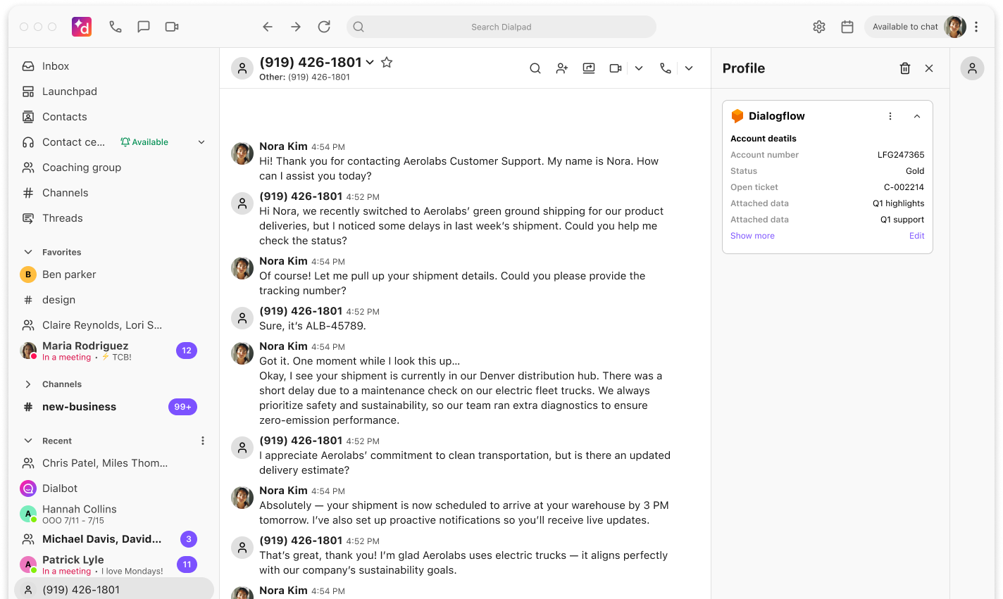 Dialpad app with Google Conversational Agent (Dialogflow) in right panel