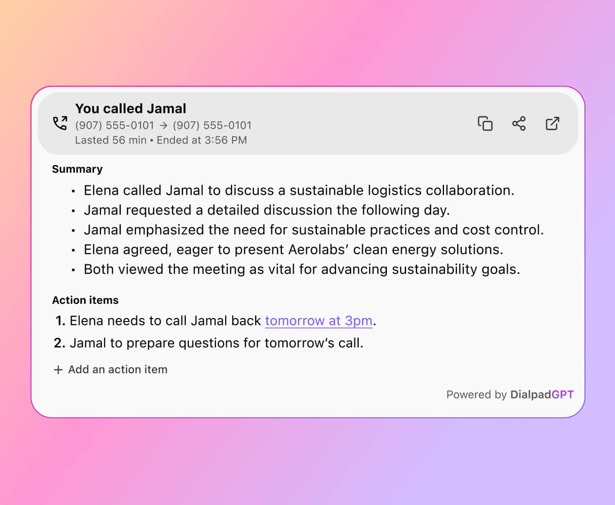 Screenshot of Dialpad AI Recaps generating a summary and action items after a phone call ends