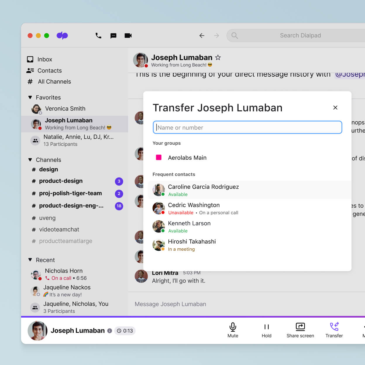 Screenshot showing the call transfer feature in Dialpad
