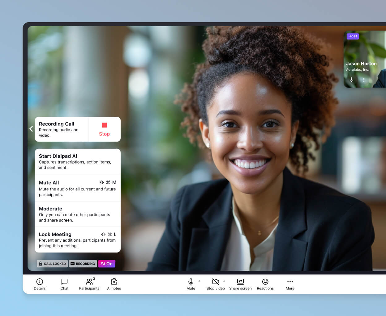 Screenshot of locking a video conference in Dialpad using the built-in security controls