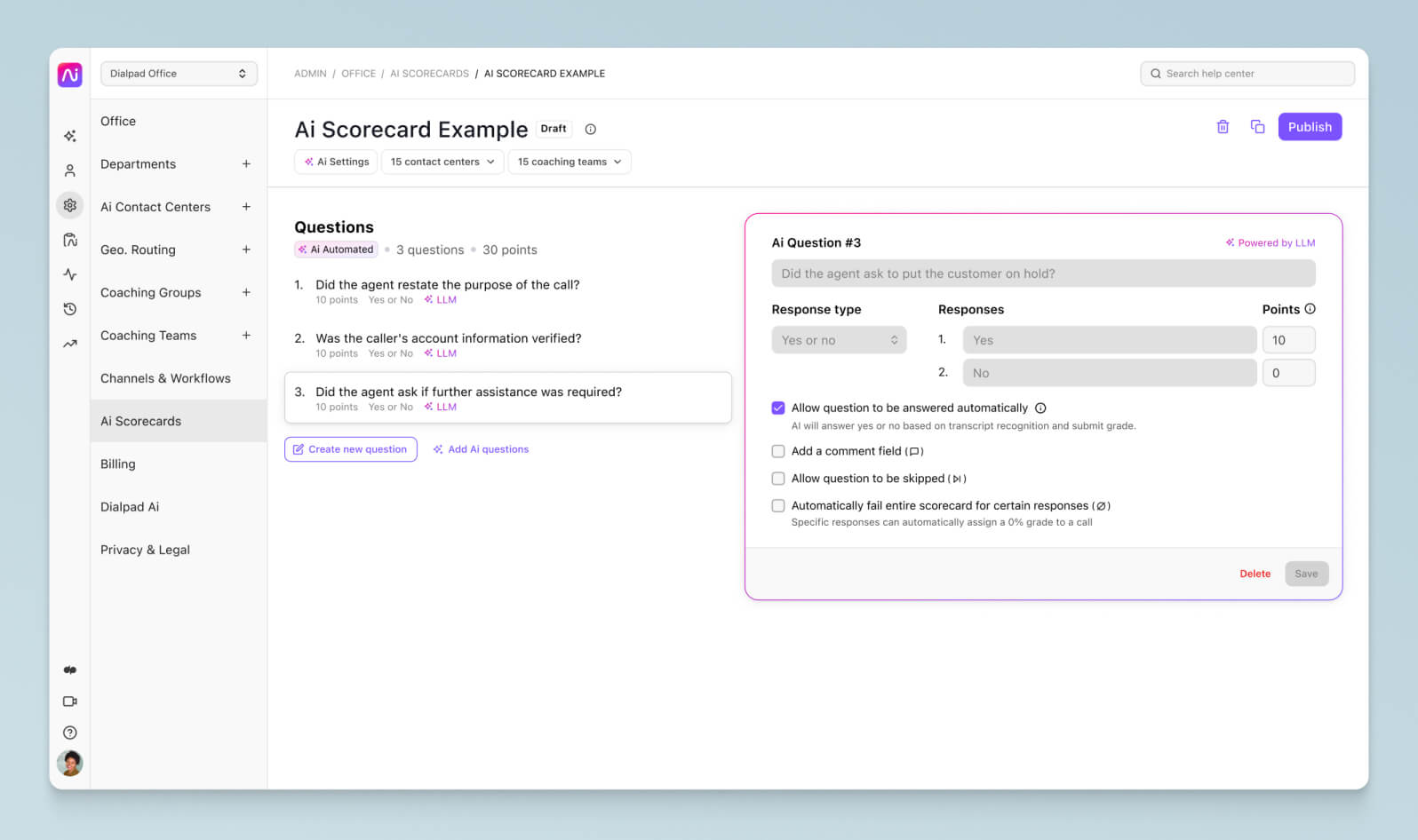Screenshot of creating a Dialpad Ai Scorecard in Dialpad’s online dashboard