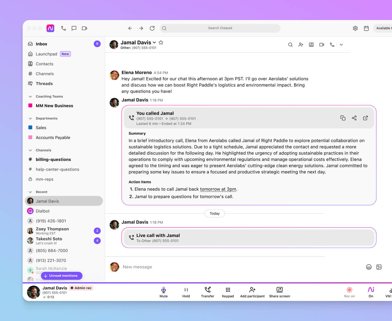 Screenshot of Dialpad AI Recaps generating a summary and action items after a phone call ends