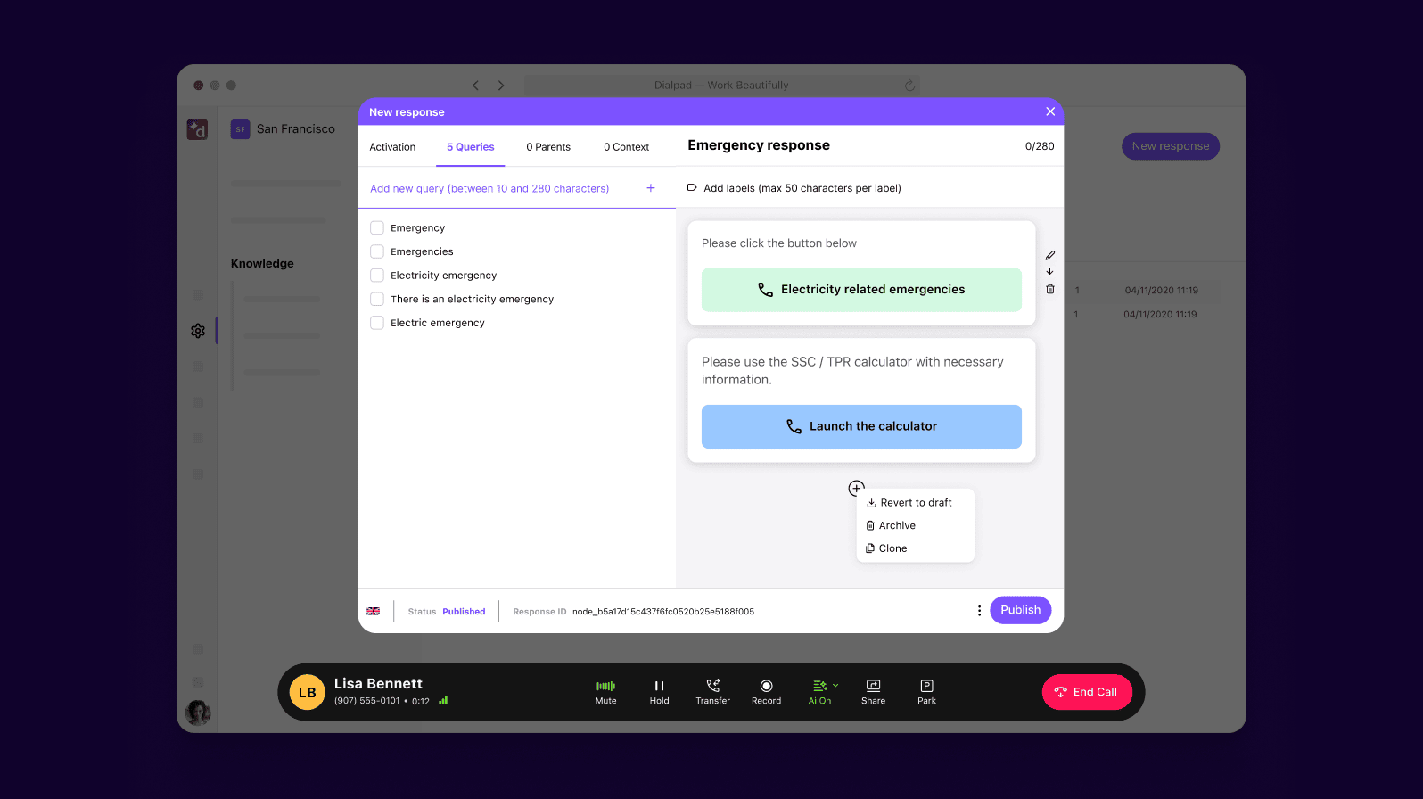 Screenshot of creating a chatbot response flow using Dialpad's no-code drag-and-drop builder