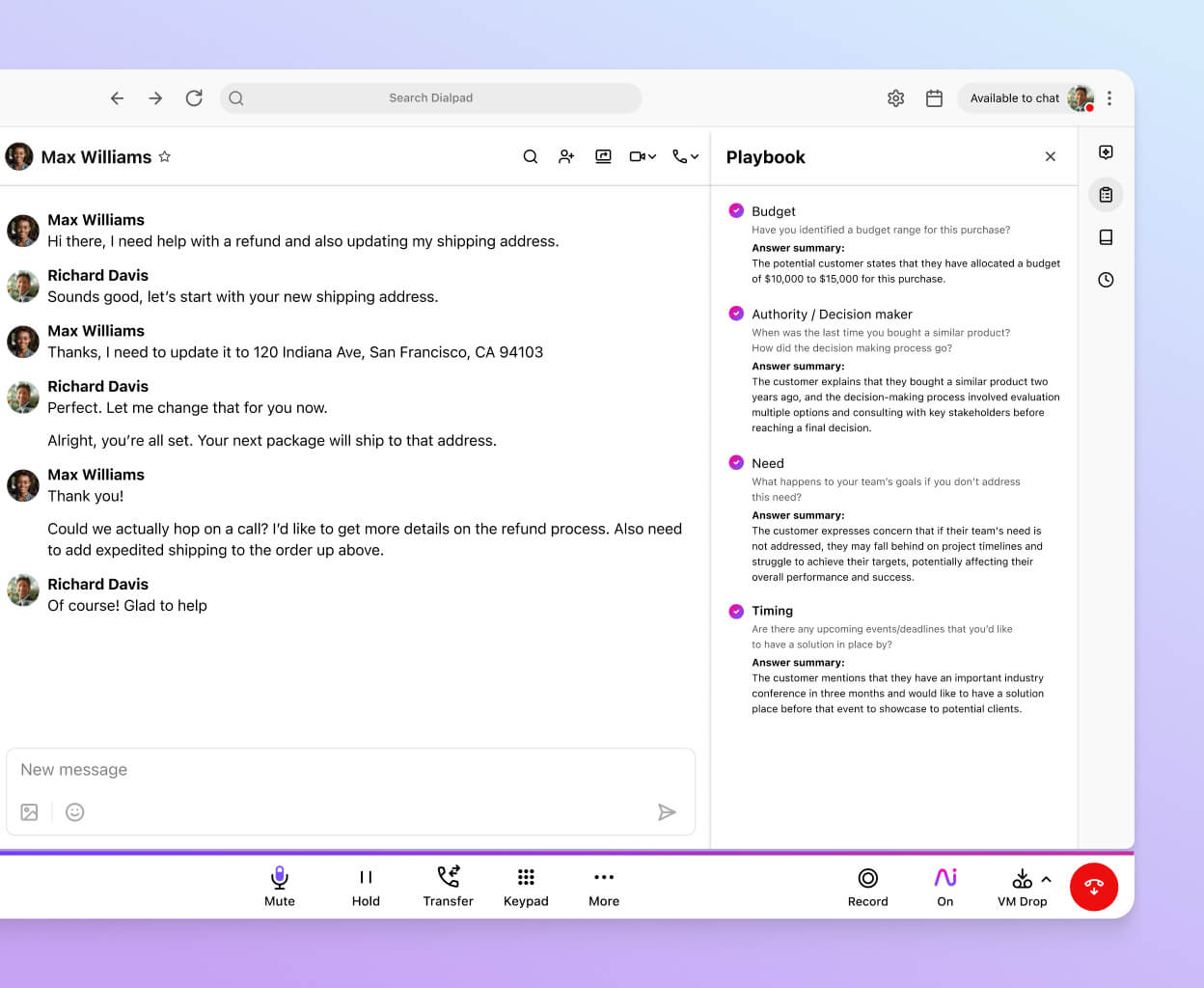 Screenshot of Dialpad AI suggesting BANT sales playbook tasks for a rep in real time