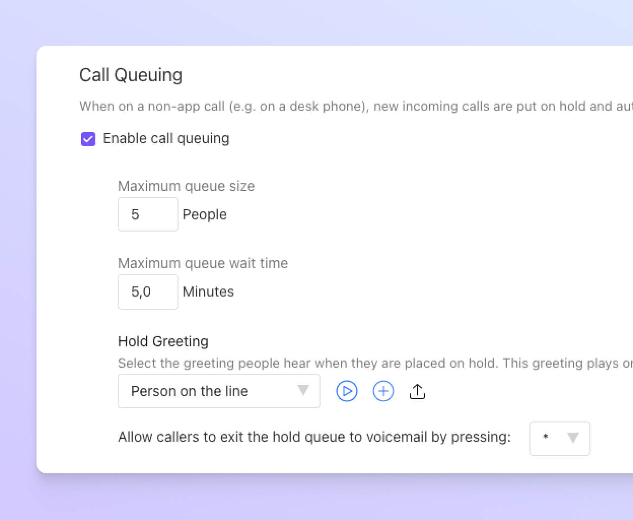 Screenshot of managing the call queuing settings in Dialpad