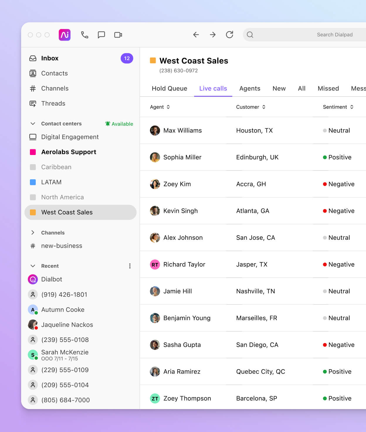 Screenshot of Dialpad Ai analyzing the sentiment of multiple calls in real time
