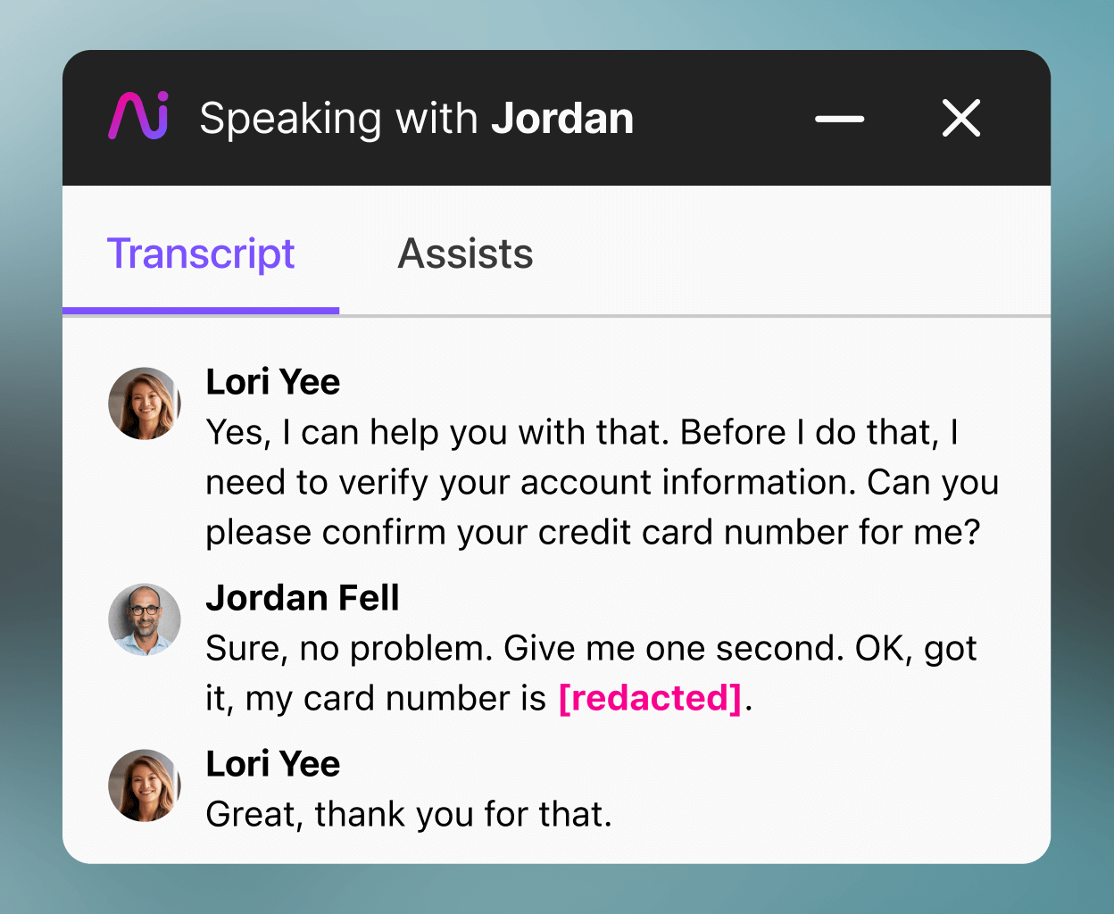 Screenshot of Dialpads PII redaction feature