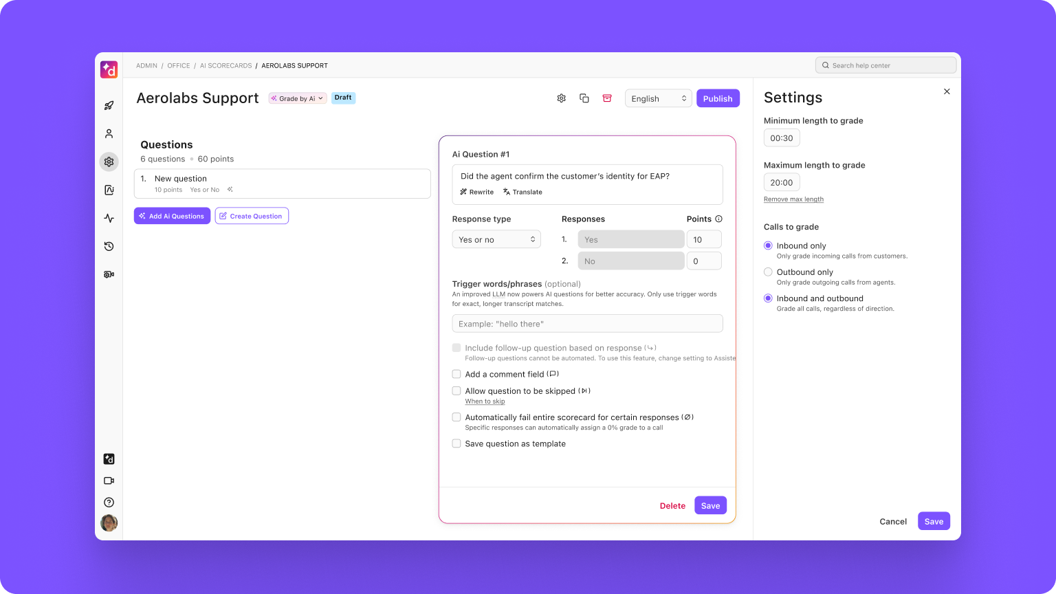 Refine AI Scorecards with custom call length and direction