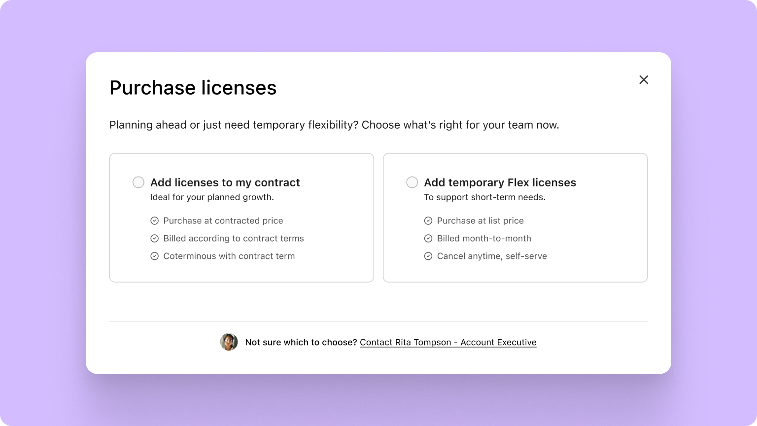 Choose between flex or co-term licenses during self-provisioning