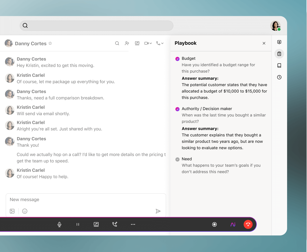 Screenshot of Dialpad AI suggesting BANT sales playbook tasks for a rep in real time