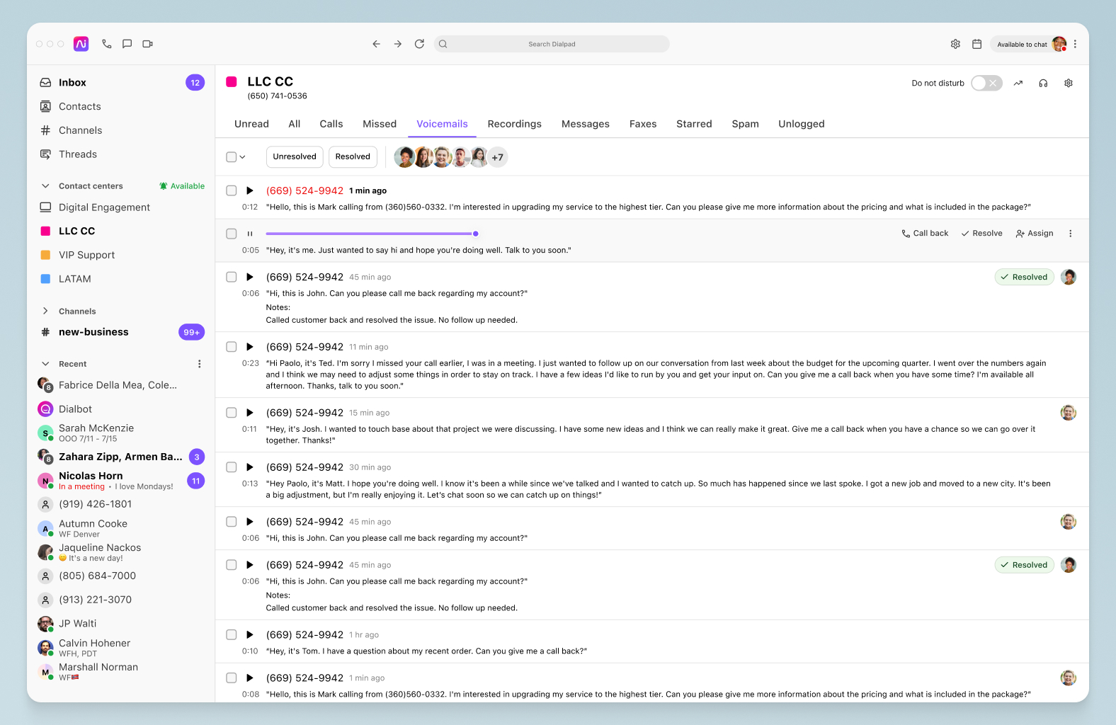 Screenshot of a list of voicemails in Dialpad's app, displaying voicemail transcriptions, caller IDs, timestamps, and durations