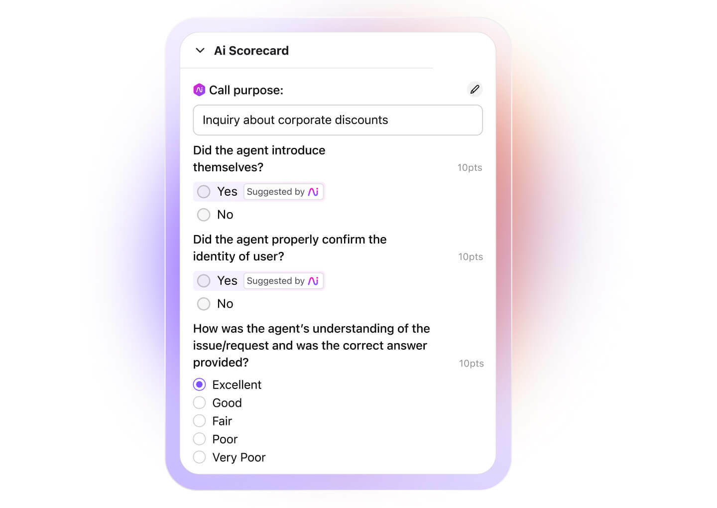 Screenshot of Dialpads Ai Scorecards feature