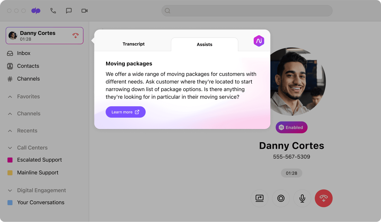 Screenshot of Dialpads Ai Agent Assist popping up real time guidance during a live call