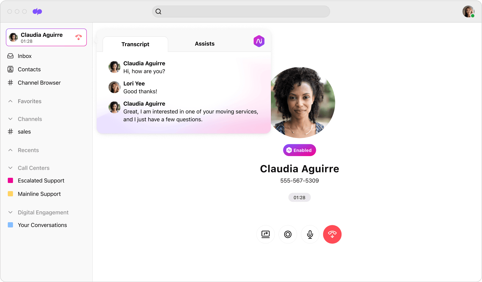 screenshot of dialpad's real-time transcription running during a live call