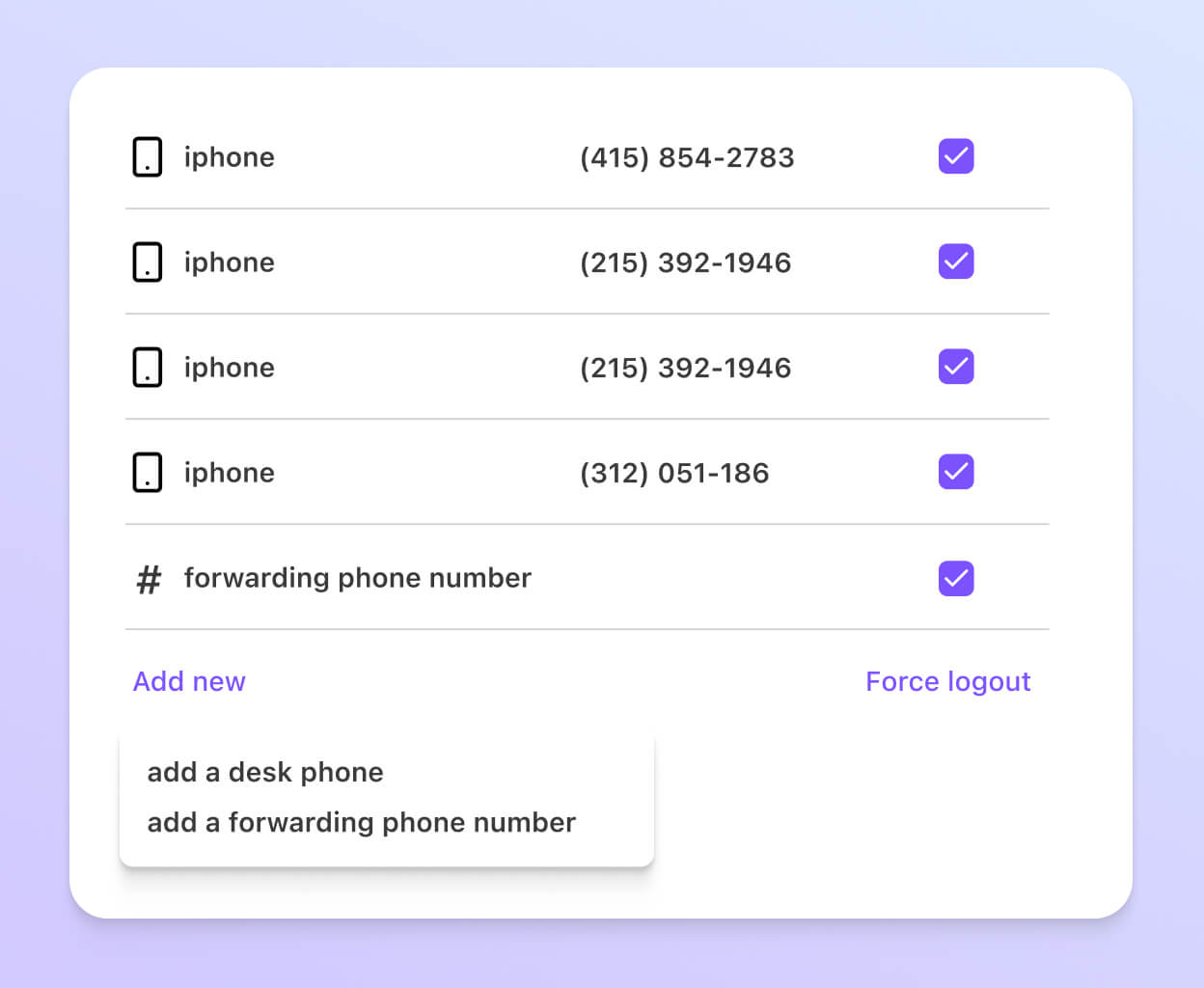 Screenshot of adding a call forwarding number from Dialpad’s online dashboard