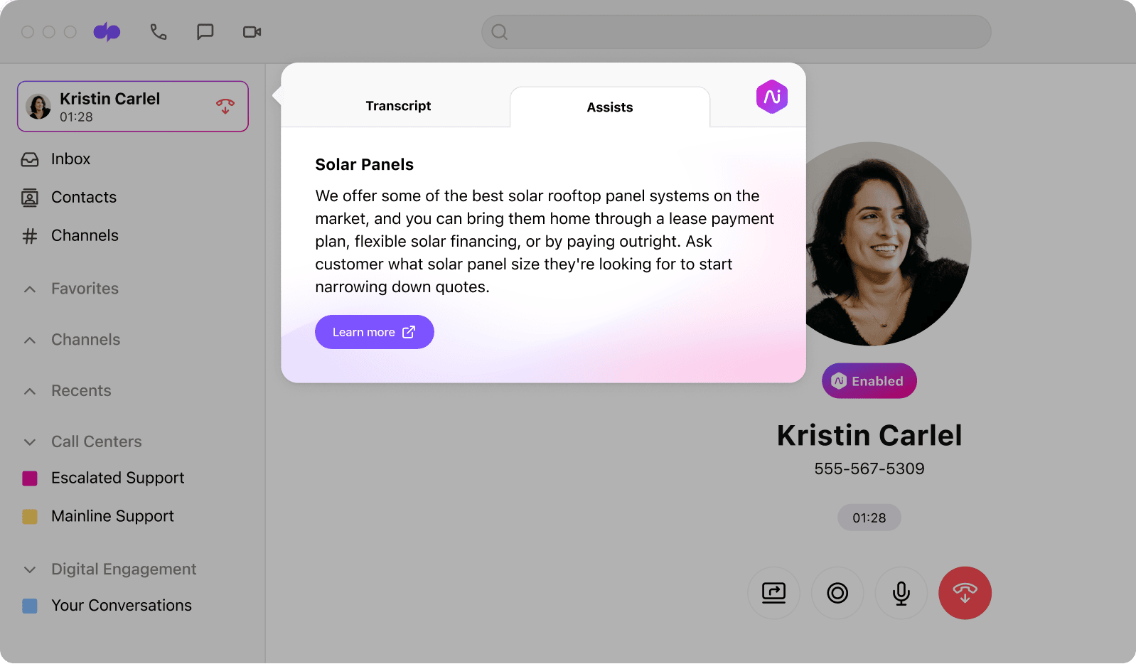 Screenshot of Dialpads Ai Agent Assist popping up relevant information during a live call