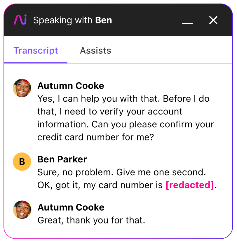 screenshot of automatic PII redaction in a dialpad transcript