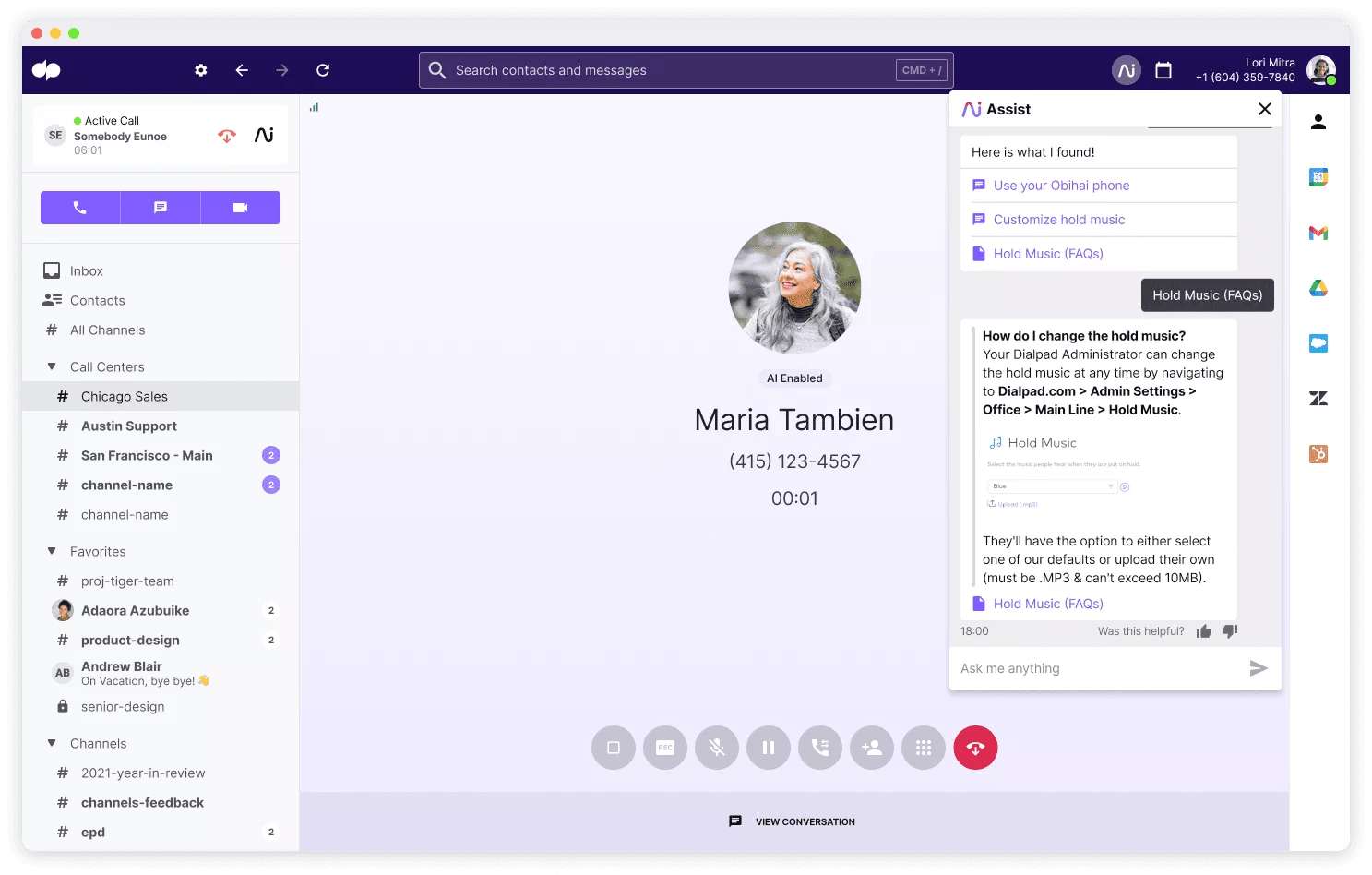 Screenshot of Dialpads Ai Agent Assist feature automatically searching for information to help an agent or rep in real time