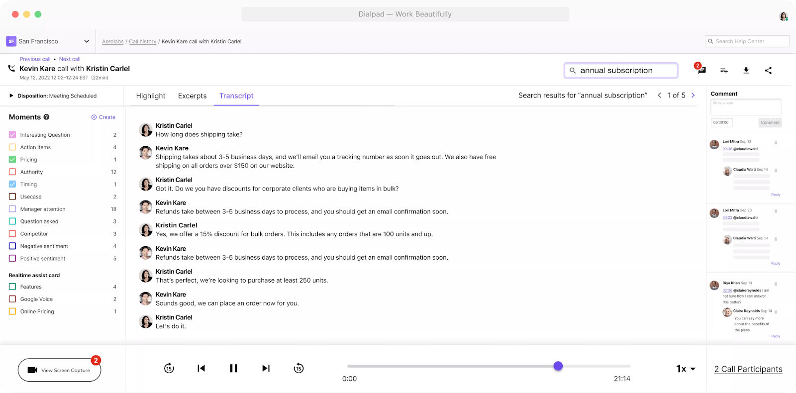 Screenshot of Dialpads AI powered post call summary with transcript and recording