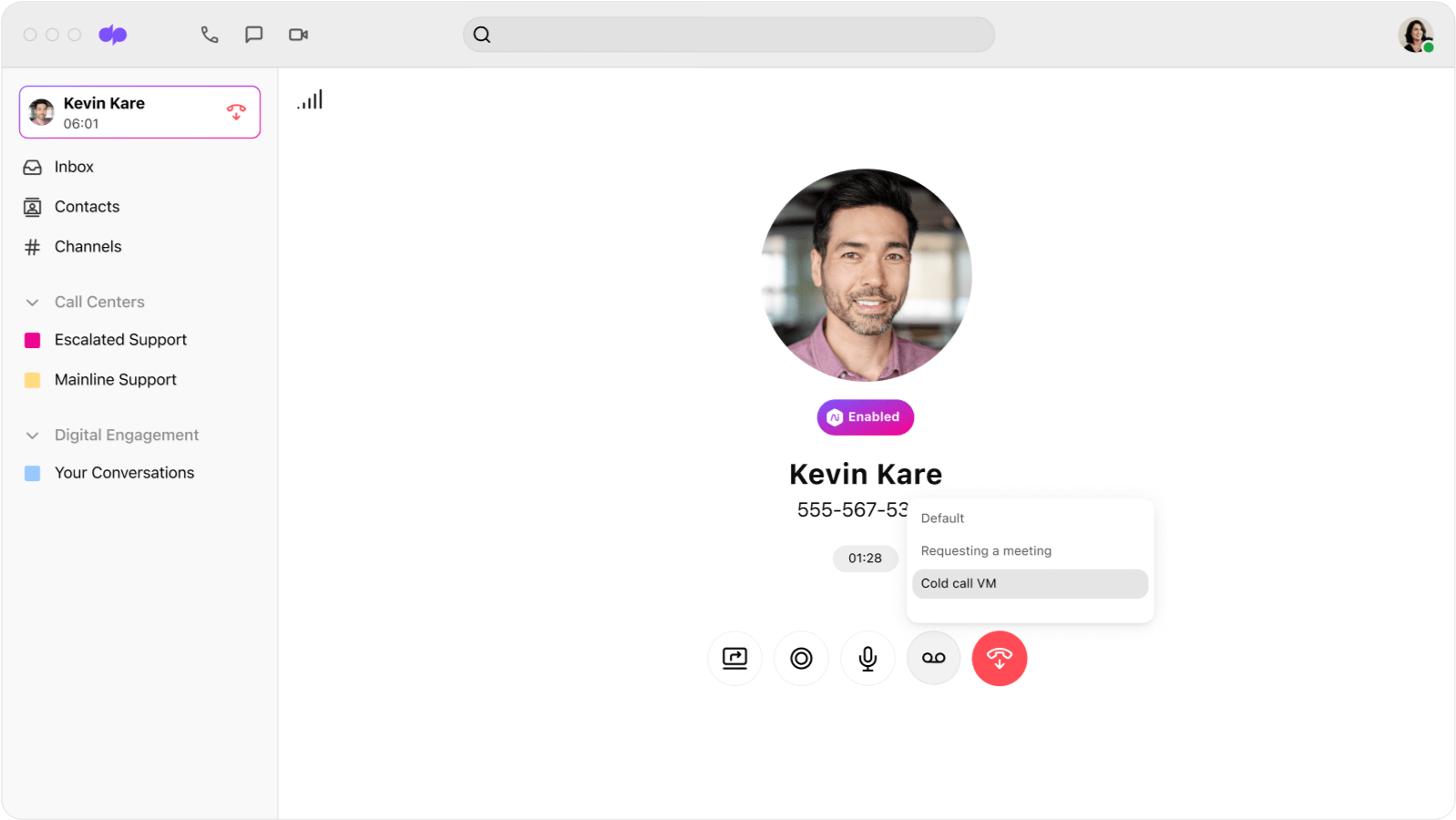 Screenshot of Dialpads voicemail drop feature which lets sales reps drop in a pre recorded message when they hit prospects voicemails Splunk