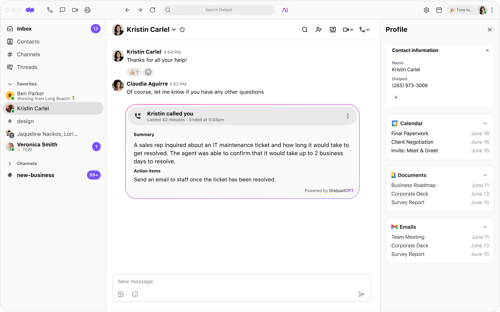 Screenshot of Dialpad Ai Recaps feature generating a call summary and action items after a call