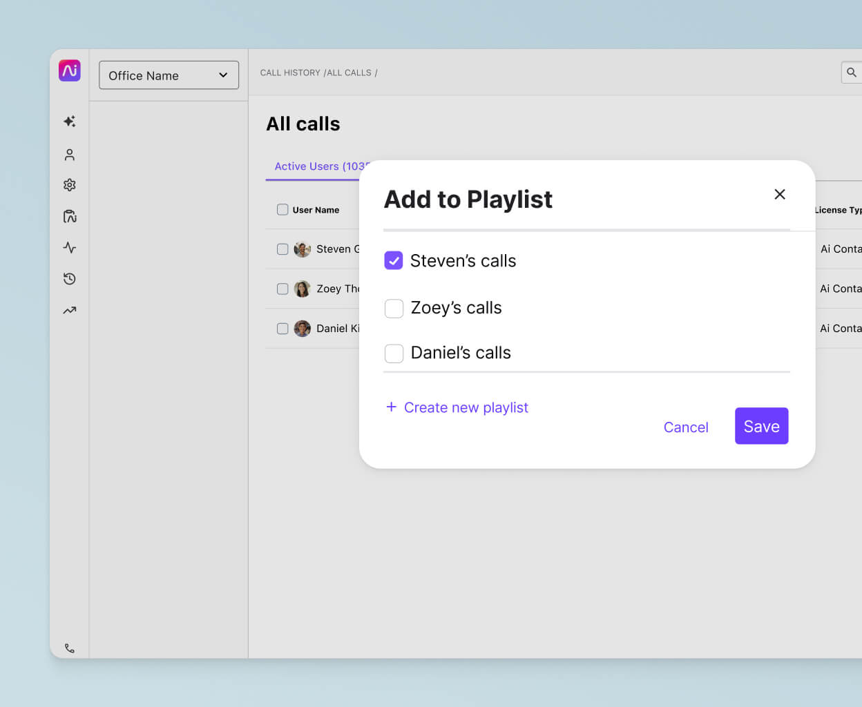 Screenshot of creating a coaching call recording playlist in Dialpad app