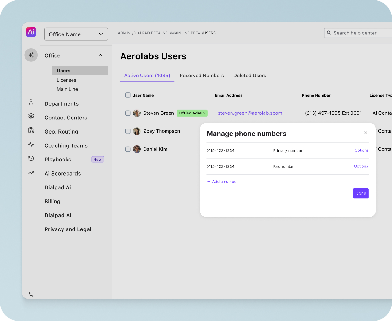 Screenshot of adding and managing phone numbers from Dialpad's online dashboard.