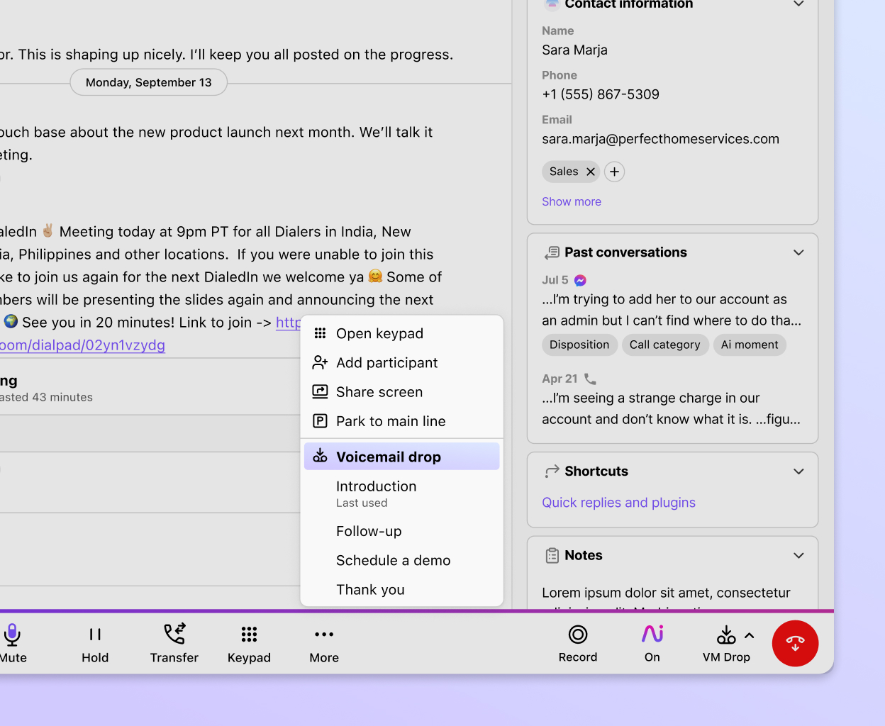 Voicemail drop is another useful Dialpad feature for sales reps that lets them "drop in" pre-recorded messages when they hit prospects' voicemails.
