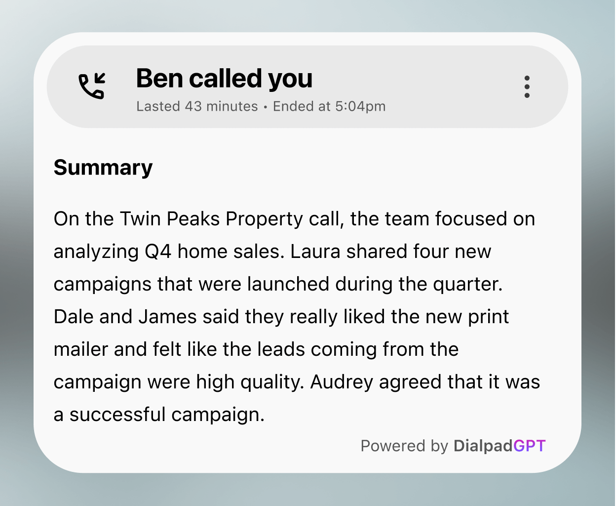 Screenshot of a call summary generated by Dialpad AI Recaps feature