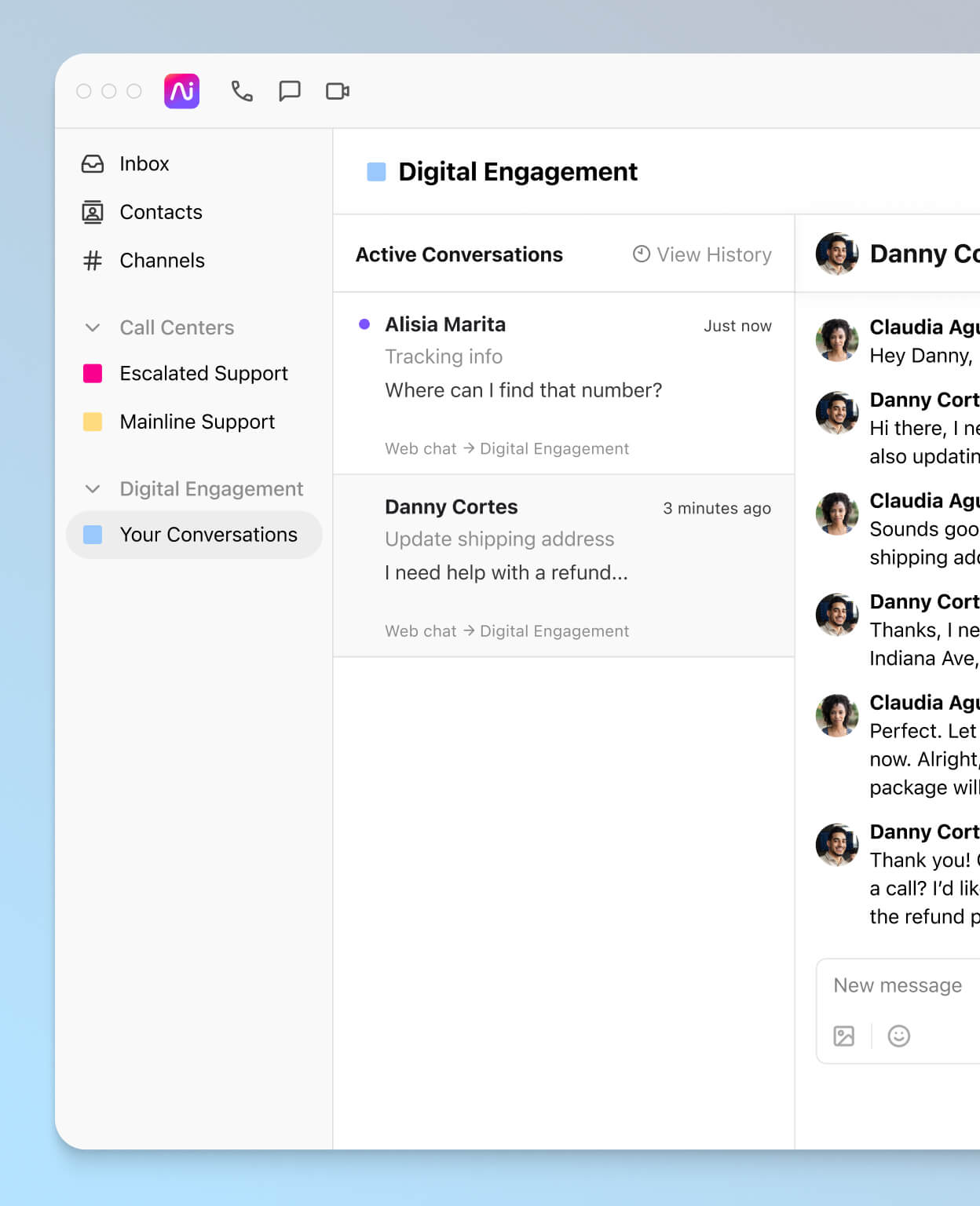 A screenshot of social media, digital, and voice channels being handled by an agent in Dialpad's omnichannel contact center platform.