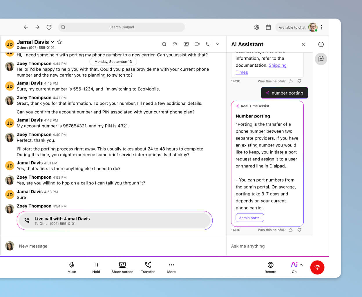 Screenshot of Dialpads real time assist card feature popping up helpful notes for an agent or rep when a tricky question comes up on a call