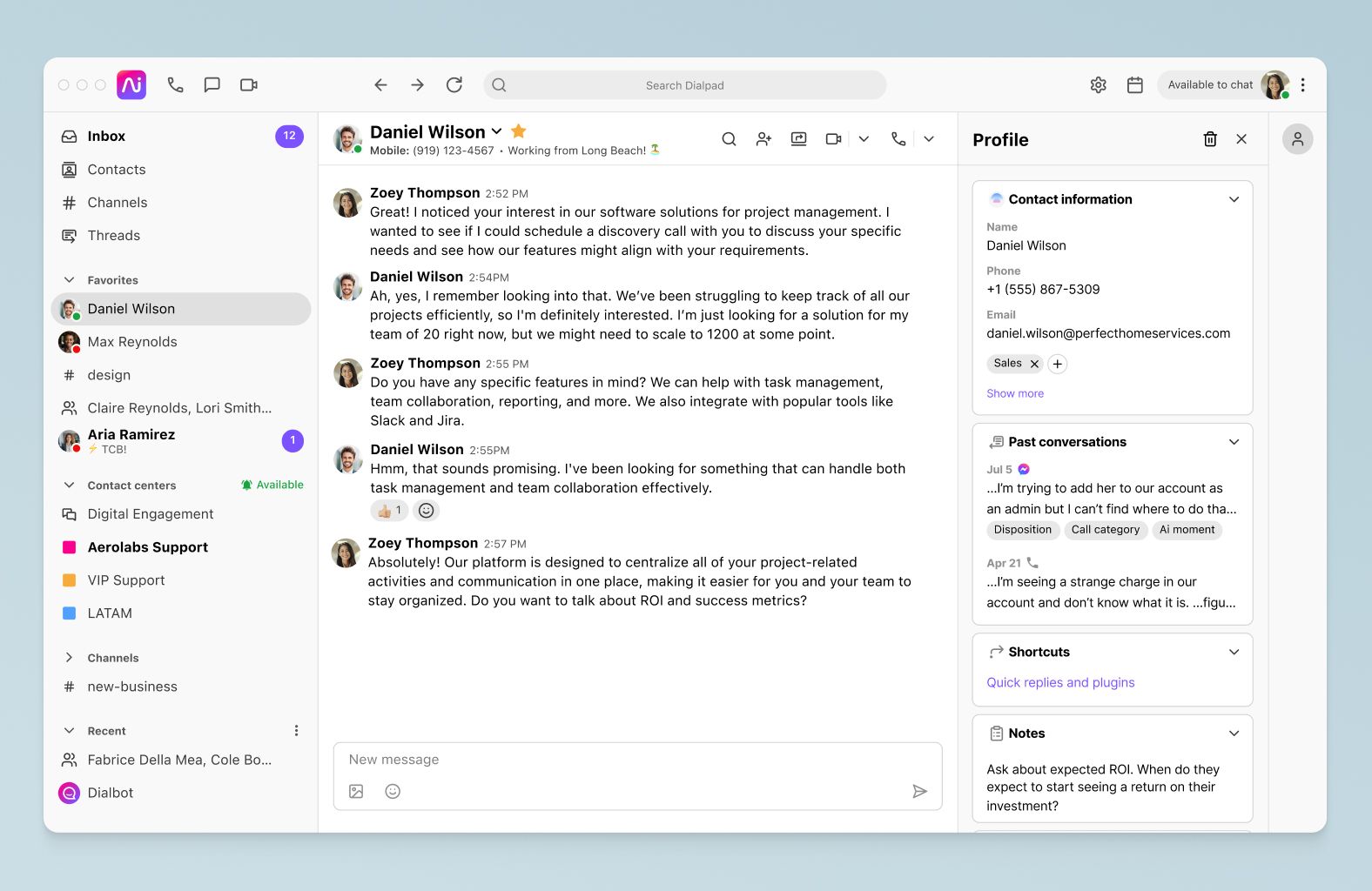 Screenshot of Dialpad's business text messaging features