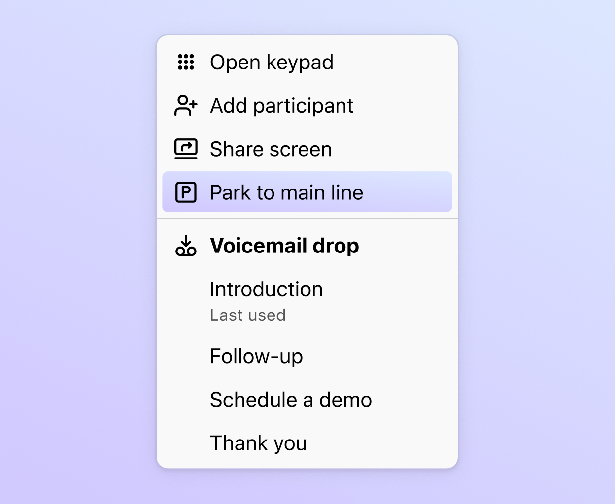 Screenshot of Dialpad's call park user interface
