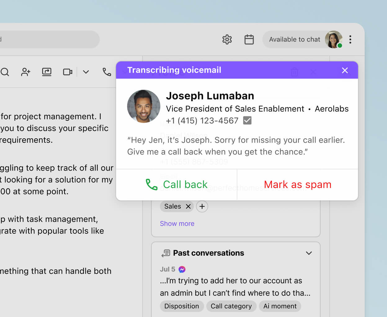 Screenshot of Dialpads visual voicemail transcription feature