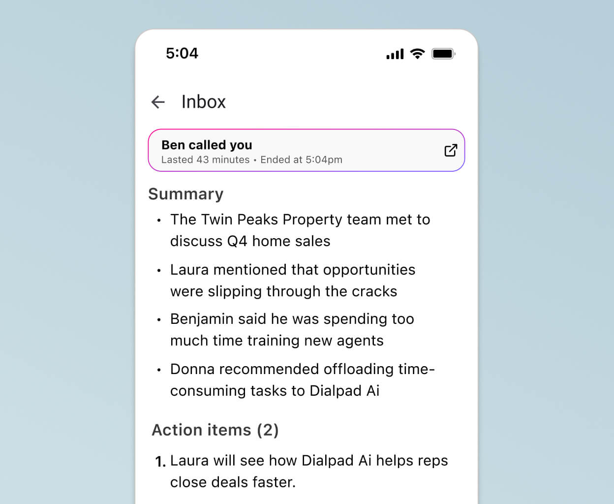 Screenshot of Dialpad AI Recaps generating a summary and action items after a phone call ends